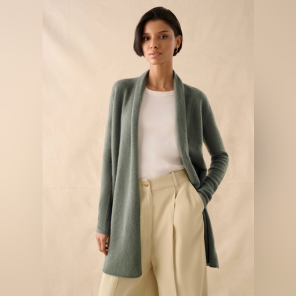 NWT White + Warren Essential Cashmere Trapeze Cardigan, Deep Sage, XS.
